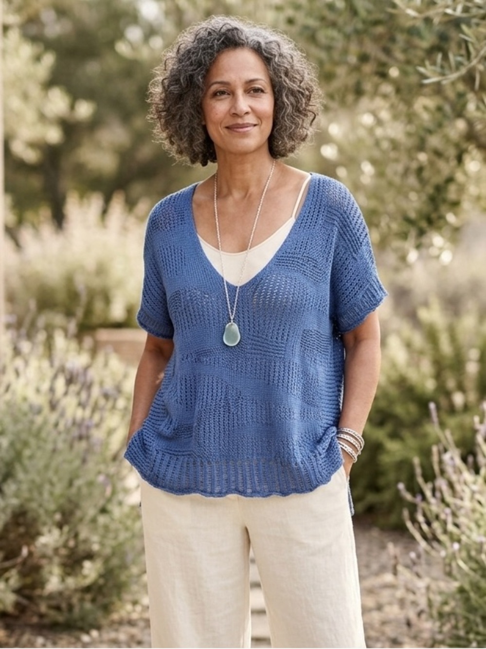 Eileen Fisher Metallic Cotton Open Knit V-Neck Sweater Periwinkle Plus 2X